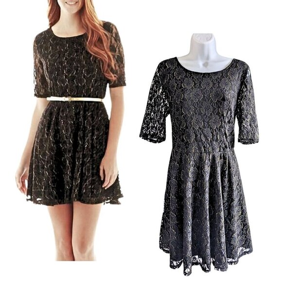 Vtg Y2K BY & BY Black Cutout Bow Back Lurex Lace Overlay Skater Mini Dress Sz XL - Picture 1 of 7